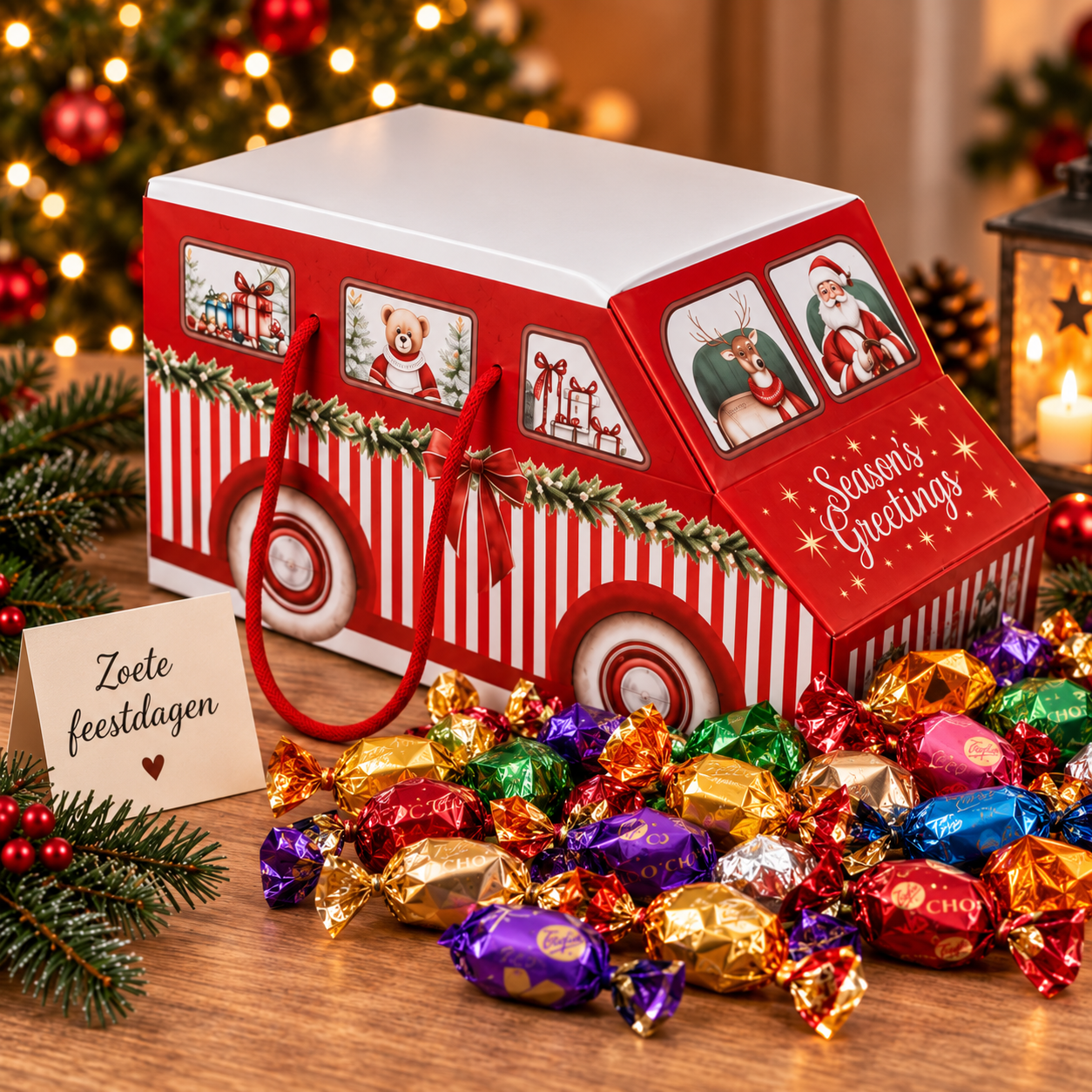 Kerstbus small gevuld met Chocolade & toffeemix (1kg)